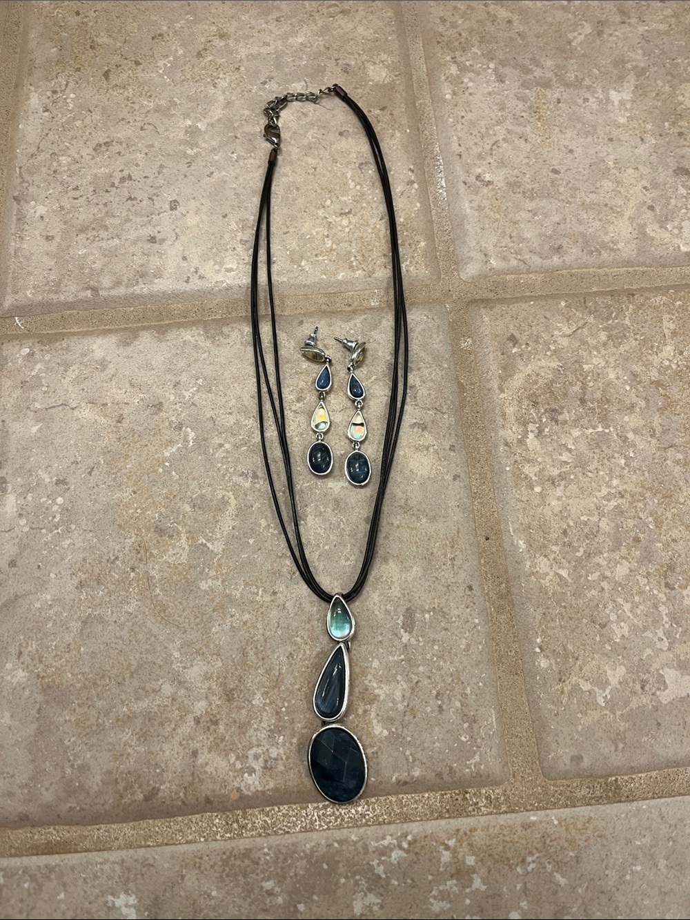 Silver Black and Blue Triple Drop Pendant Necklace and Earrings
